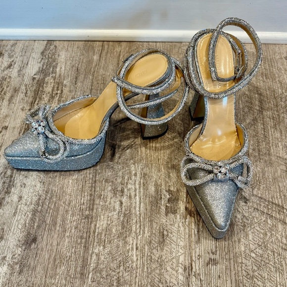 Mach & Mach Double Bow Platform Silver Glitter Women's Heels - Picture 5 of 15